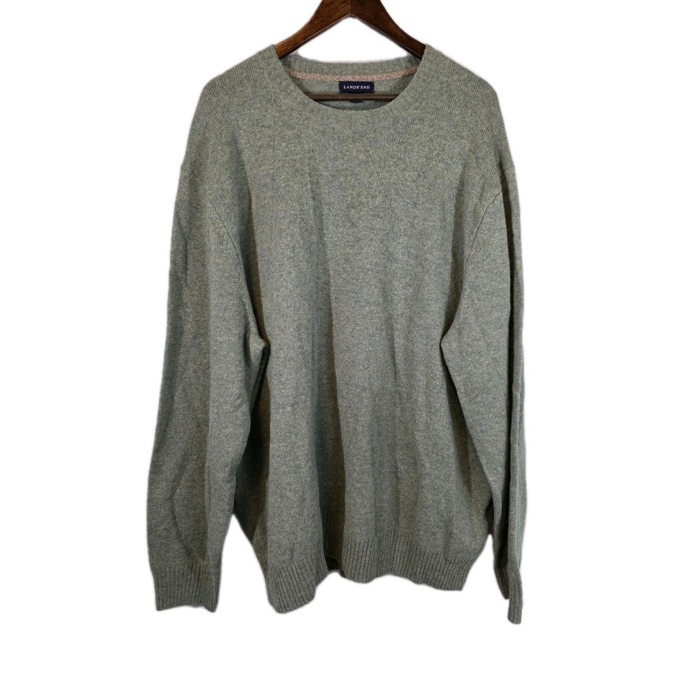 Land's End Sweater Mens XLT Green Heather Crewneck Wool Knit Pullover Preppy